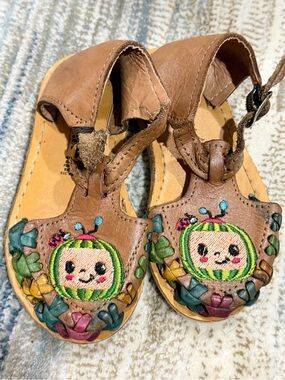 Girls Brown Embroidered Character Leather Sandals